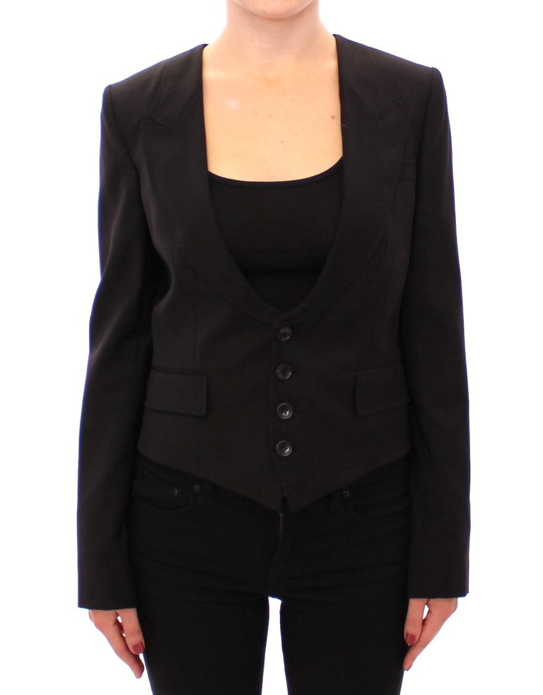 Elegant Silk-Blend Black Blazer with Scarf Back Detail - GlamHub Luxury and Icon Brand Clothing