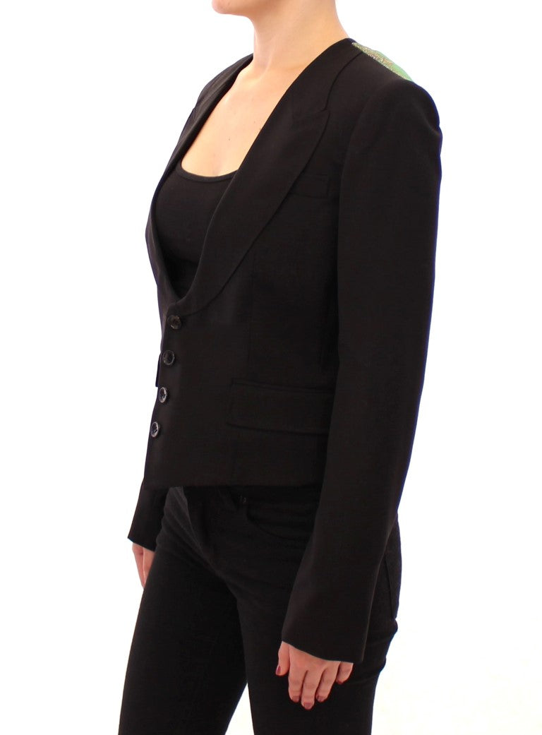 Elegant Silk-Blend Black Blazer with Scarf Back Detail - GlamHub Luxury and Icon Brand Clothing