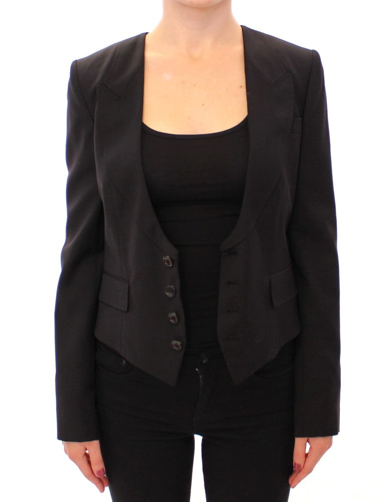 Elegant Silk-Blend Black Blazer with Scarf Back Detail - GlamHub Luxury and Icon Brand Clothing