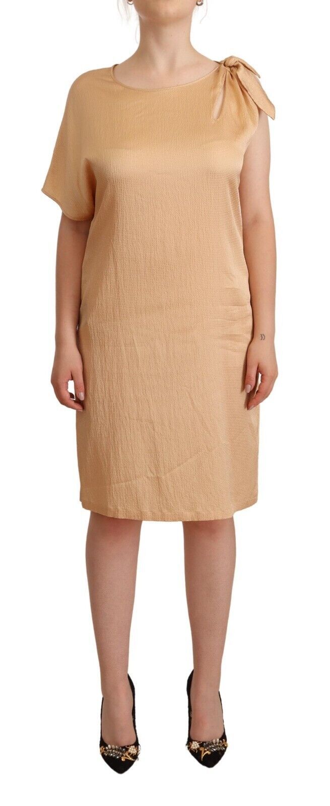 Elegant One-Sleeve Beige Shift Dress - GLAMHUB BOUTIQUE 