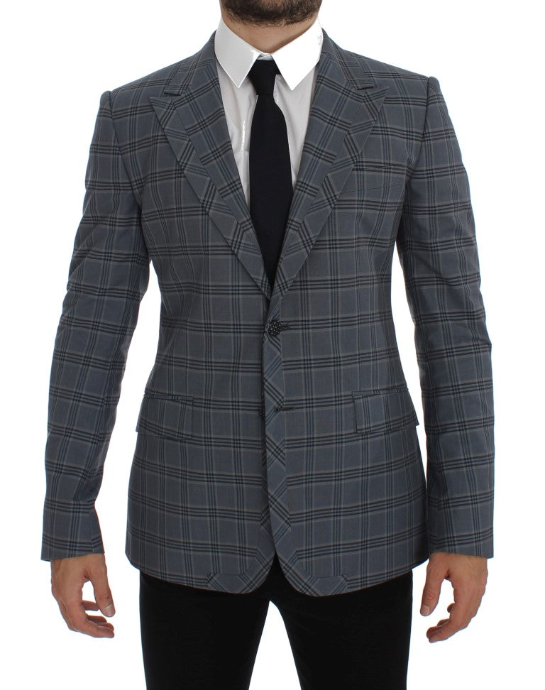 Elegant Blue Checkered Slim Fit Blazer - GlamHub Luxury and Icon Brand Clothing