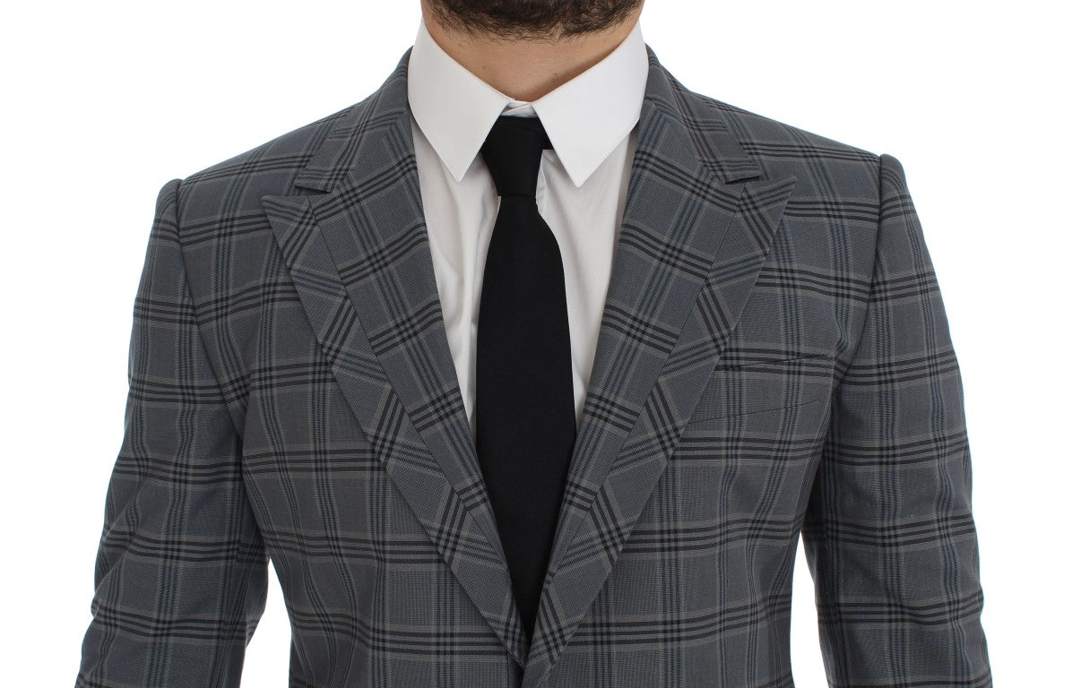 Elegant Blue Checkered Slim Fit Blazer - GlamHub Luxury and Icon Brand Clothing