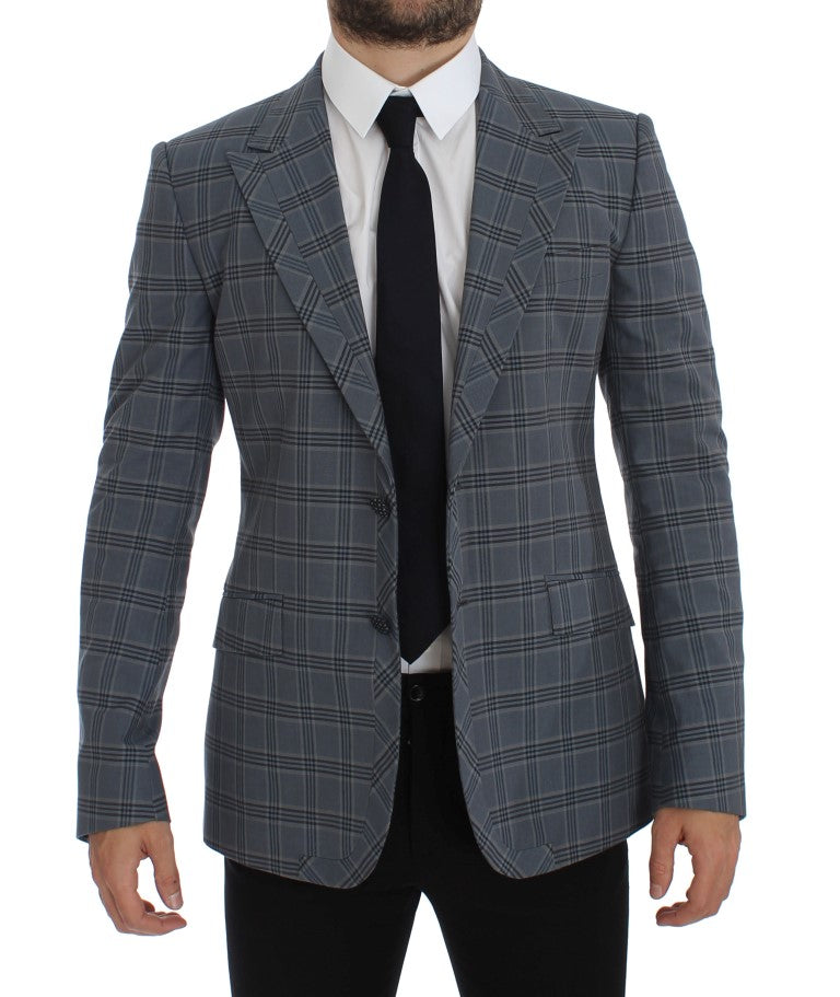 Elegant Blue Checkered Slim Fit Blazer - GlamHub Luxury and Icon Brand Clothing