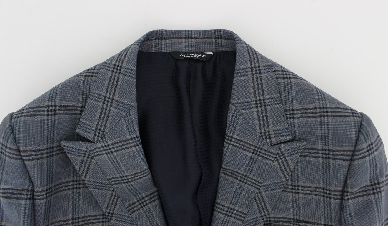 Elegant Blue Checkered Slim Fit Blazer - GlamHub Luxury and Icon Brand Clothing