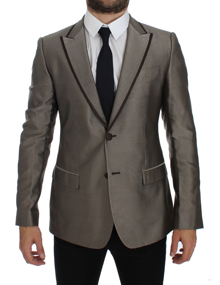 Elegant Brown Silk Two-Button Slim Blazer - GlamHub Luxury and Icon Brand Clothing