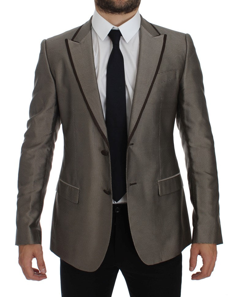 Elegant Brown Silk Two-Button Slim Blazer - GlamHub Luxury and Icon Brand Clothing