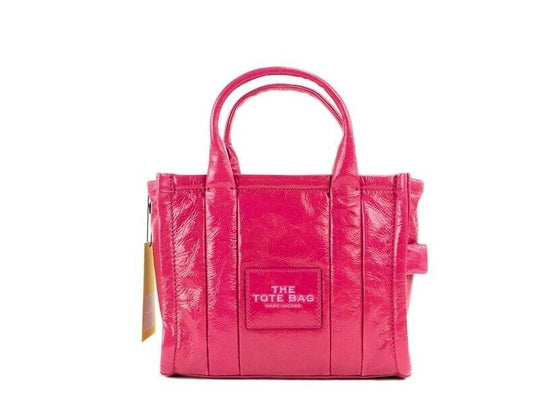 The Shiny Crinkle Mini Tote Magenta Leather Crossbody Handbag Purse - GLAMHUB BOUTIQUE 