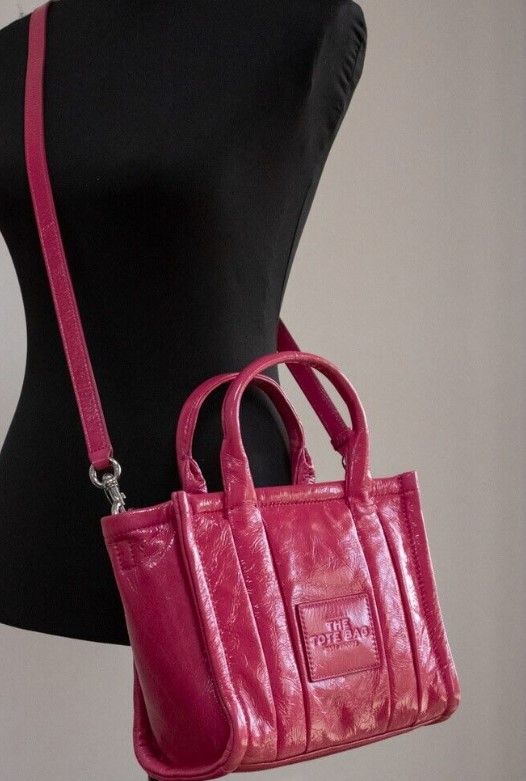 The Shiny Crinkle Mini Tote Magenta Leather Crossbody Handbag Purse - GLAMHUB BOUTIQUE 