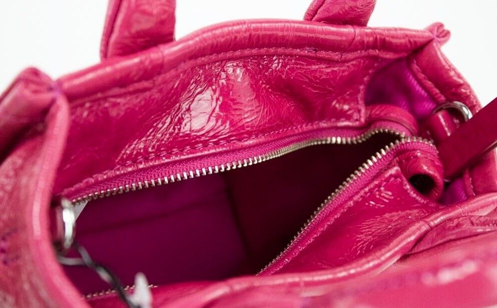 The Shiny Crinkle Micro Tote Magenta Leather Crossbody Bag Handbag - GLAMHUB BOUTIQUE 