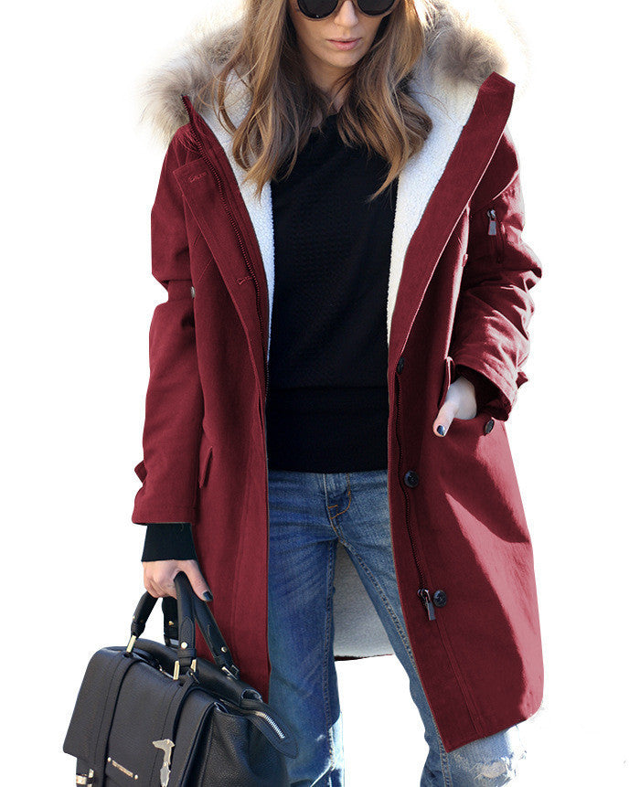 Women's Loose Extended Fur Collar Hooded Overcoat