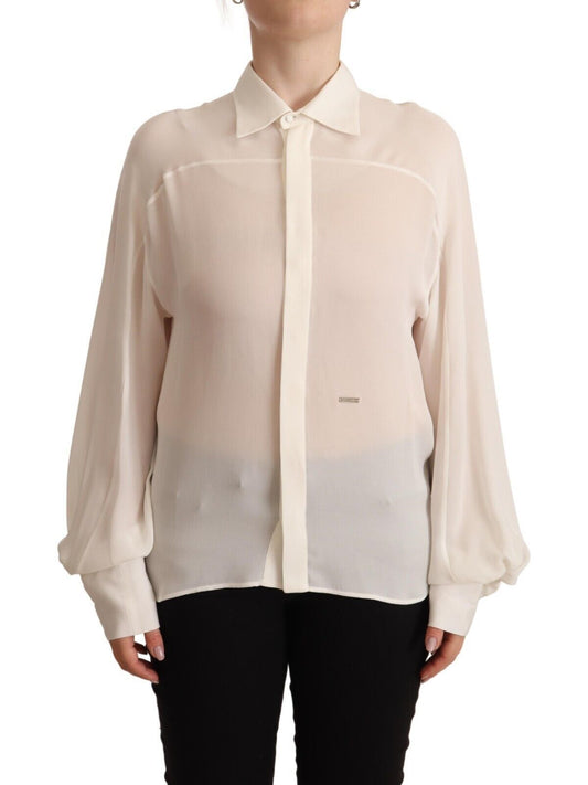 Elegant Off White Silk Long Sleeve Blouse - GLAMHUB BOUTIQUE 