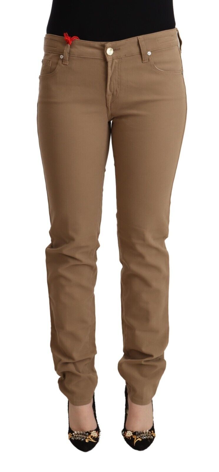 Elegant Brown Mid Waist Skinny Pants - GlamHub Luxury and Icon Brand Clothing