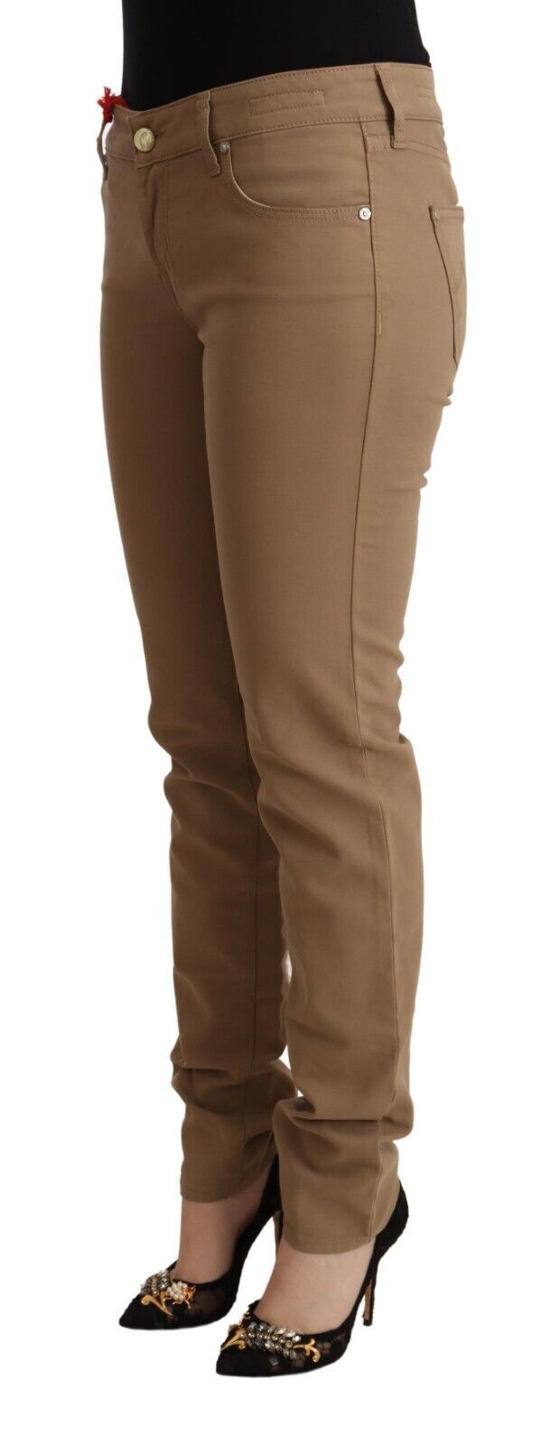 Elegant Brown Mid Waist Skinny Pants - GlamHub Luxury and Icon Brand Clothing