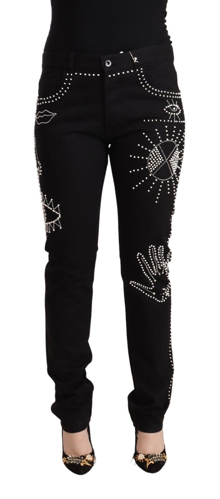 Embellished Black Mid-Waist Denim - GLAMHUB BOUTIQUE 