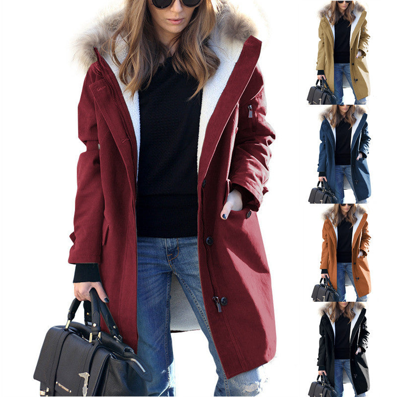 Women's Loose Extended Fur Collar Hooded Overcoat