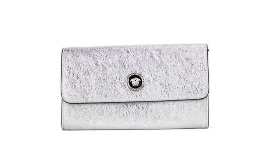 Small Metallic Silver Lamb Leather Medusa Clutch Crossbody Wallet Bag - GLAMHUB BOUTIQUE 