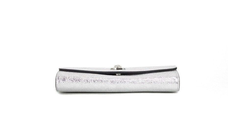 Small Metallic Silver Lamb Leather Medusa Clutch Crossbody Wallet Bag - GLAMHUB BOUTIQUE 