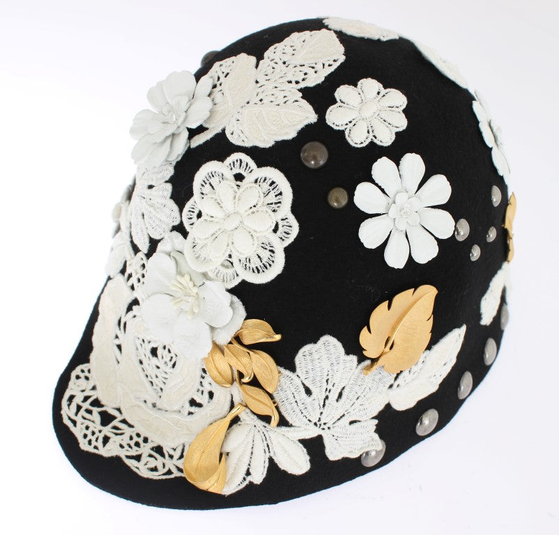 Elegant Black Floral Wool Cloche Hat - GlamHub Luxury and Icon Brand Clothing