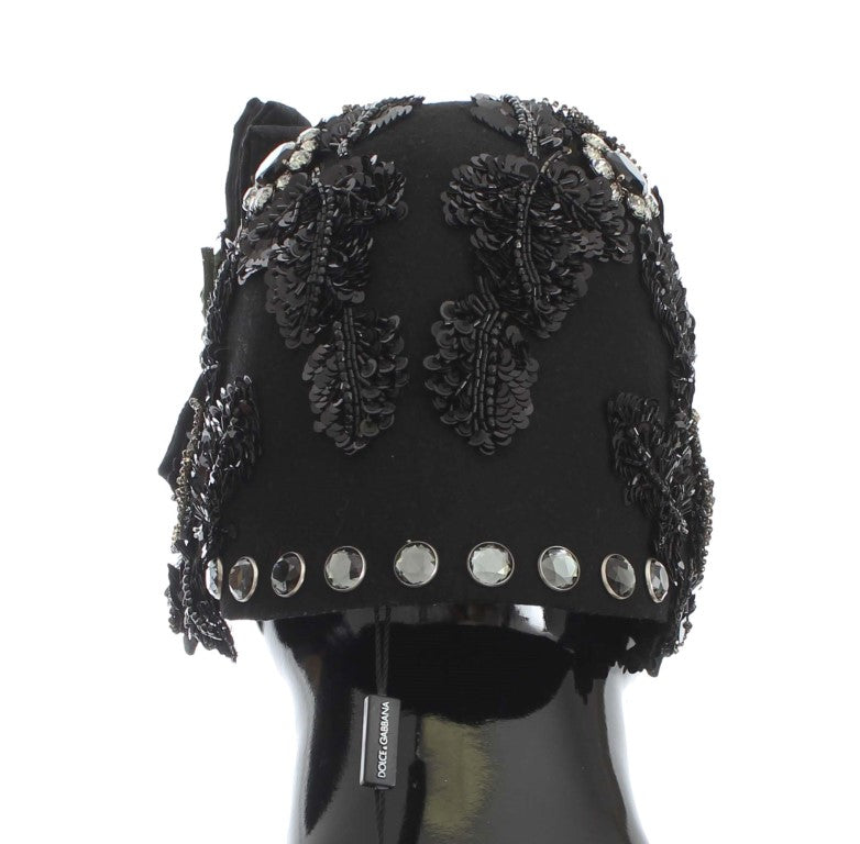 Elegant Black Crystal-Adorned Cloche Hat - GlamHub Luxury and Icon Brand Clothing