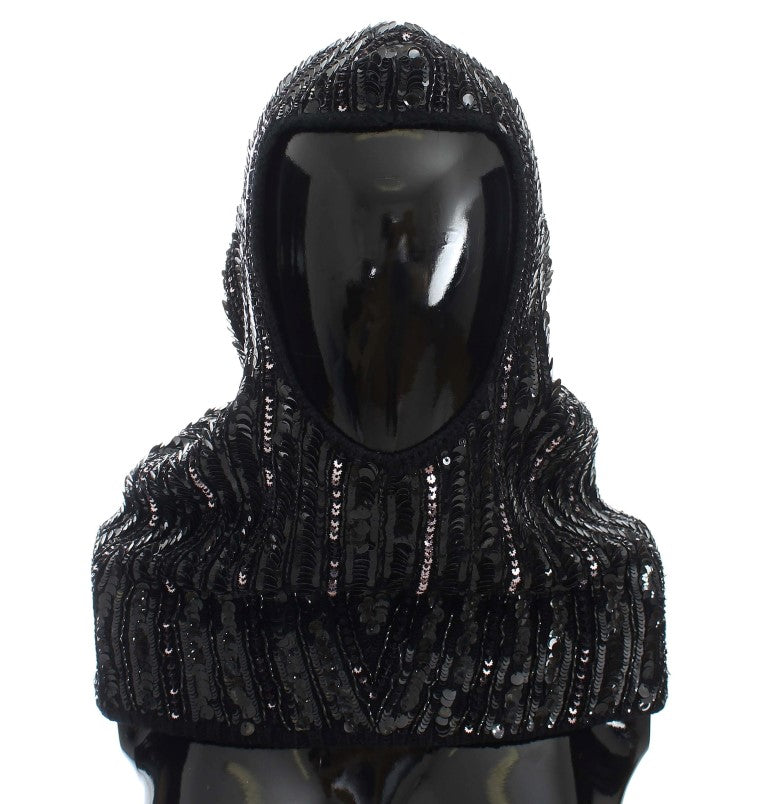 Elegant Black Sequined Hooded Scarf Wrap - GlamHub Luxury and Icon Brand Clothing