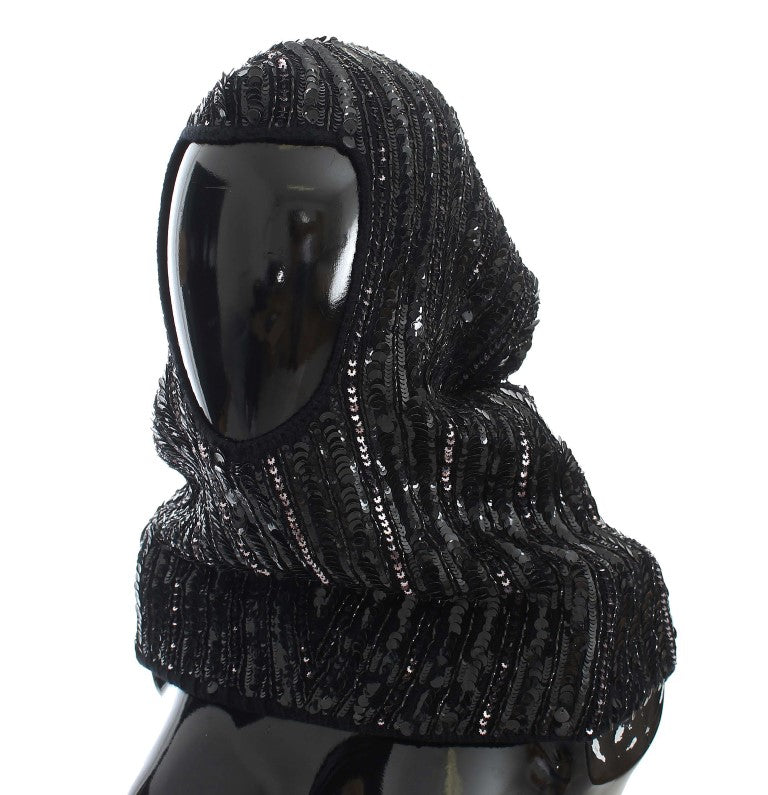 Elegant Black Sequined Hooded Scarf Wrap - GlamHub Luxury and Icon Brand Clothing