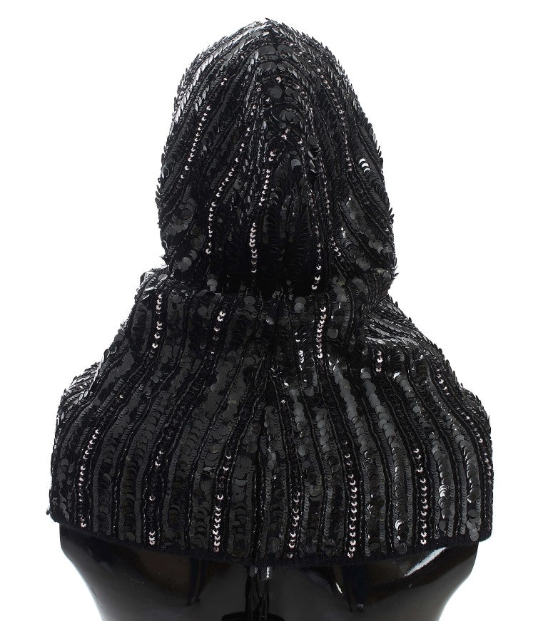 Elegant Black Sequined Hooded Scarf Wrap - GlamHub Luxury and Icon Brand Clothing