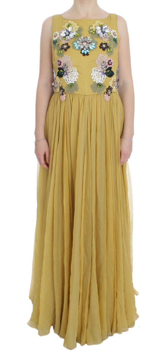 Enchanting Yellow Silk Floral Appliqué Gown - GlamHub Luxury and Icon Brand Clothing