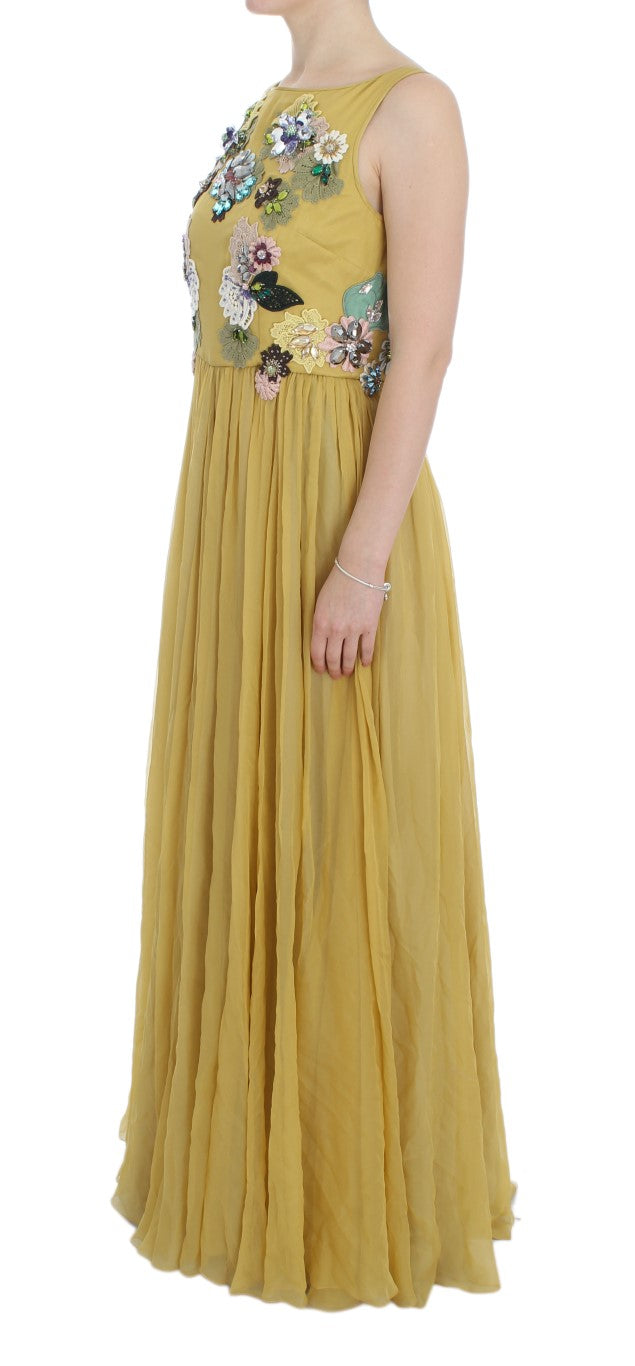 Enchanting Yellow Silk Floral Appliqué Gown - GlamHub Luxury and Icon Brand Clothing