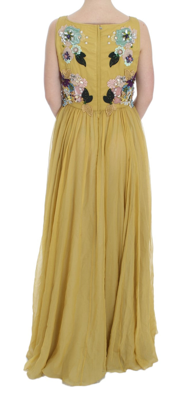 Enchanting Yellow Silk Floral Appliqué Gown - GlamHub Luxury and Icon Brand Clothing