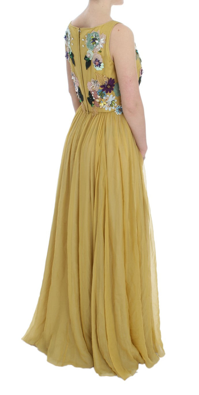 Enchanting Yellow Silk Floral Appliqué Gown - GlamHub Luxury and Icon Brand Clothing