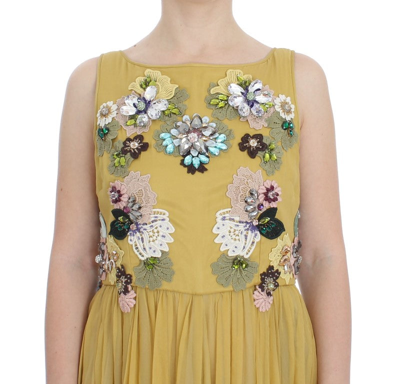 Enchanting Yellow Silk Floral Appliqué Gown - GlamHub Luxury and Icon Brand Clothing