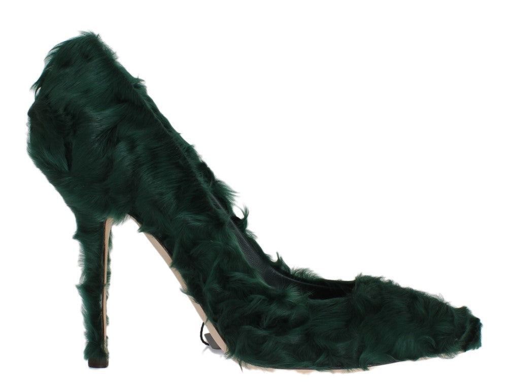 Elegant Green Xiangao Fur Leather Pumps - GlamHub Luxury and Icon Brand Clothing