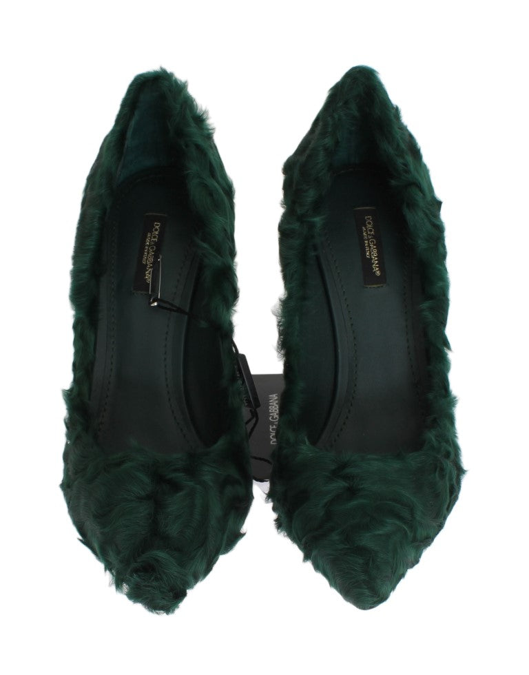 Elegant Green Xiangao Fur Leather Pumps - GlamHub Luxury and Icon Brand Clothing