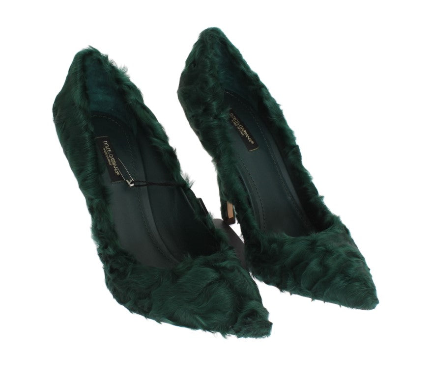 Elegant Green Xiangao Fur Leather Pumps - GlamHub Luxury and Icon Brand Clothing