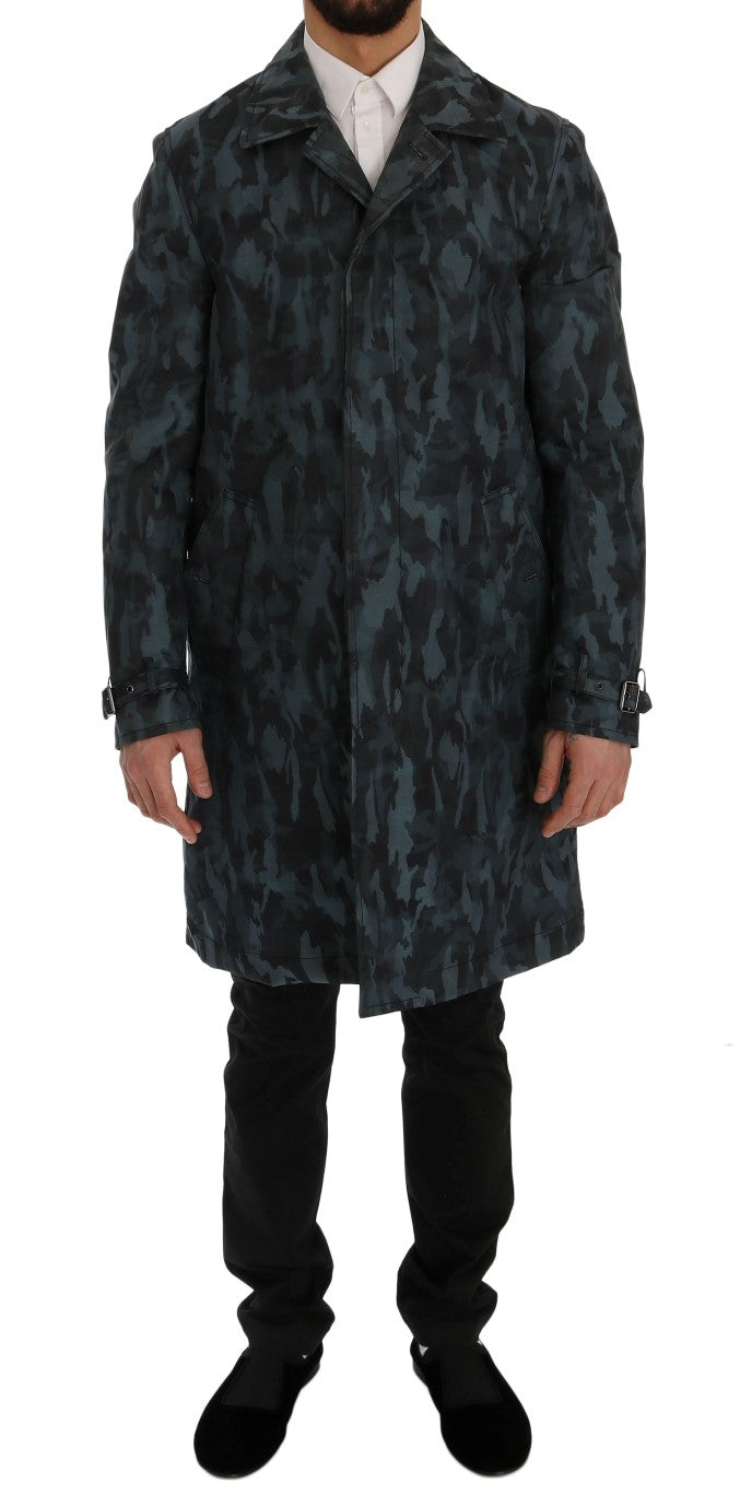 Blue Camouflage Trench Coat Elegance - GlamHub Luxury and Icon Brand Clothing