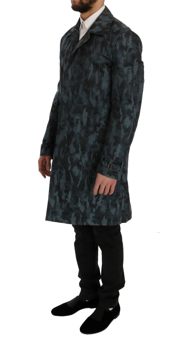 Blue Camouflage Trench Coat Elegance - GlamHub Luxury and Icon Brand Clothing