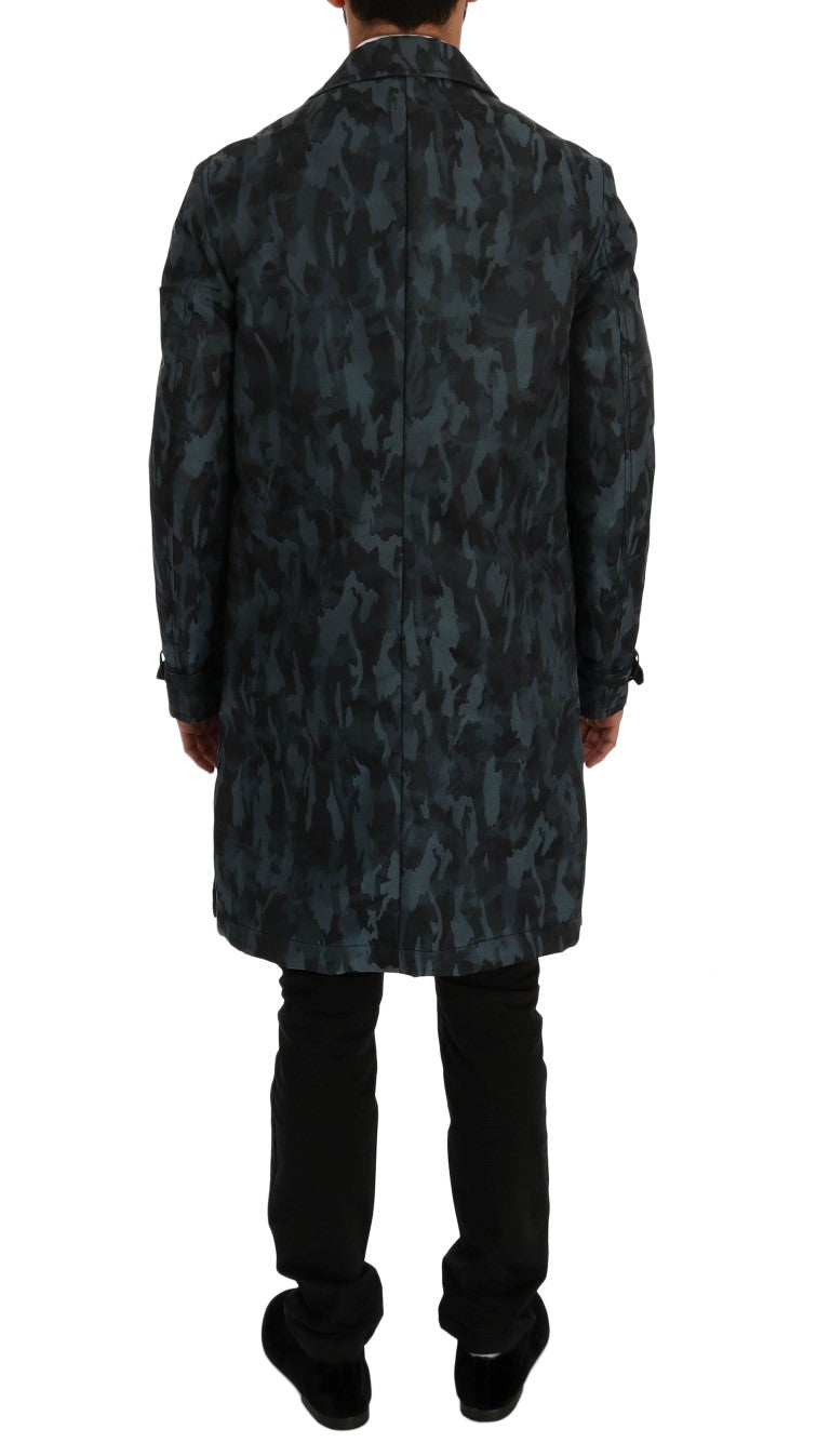 Blue Camouflage Trench Coat Elegance - GlamHub Luxury and Icon Brand Clothing