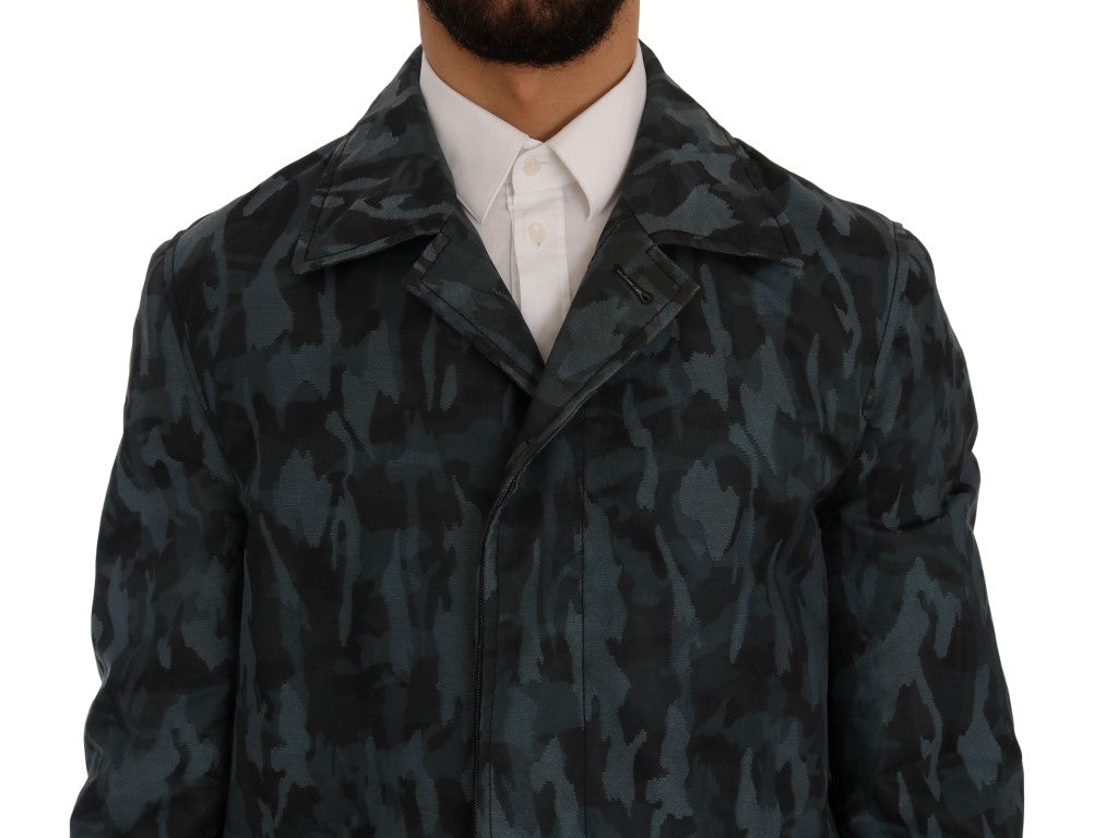 Blue Camouflage Trench Coat Elegance - GlamHub Luxury and Icon Brand Clothing