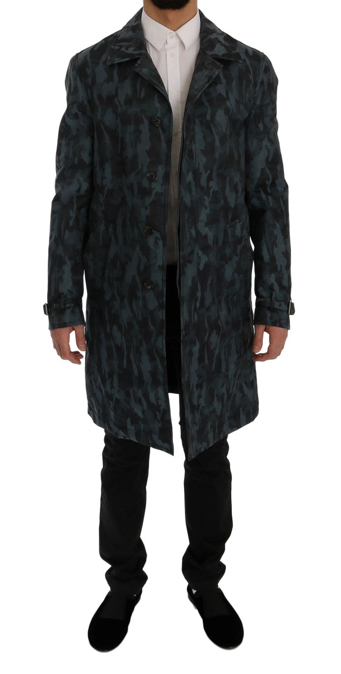 Blue Camouflage Trench Coat Elegance - GlamHub Luxury and Icon Brand Clothing