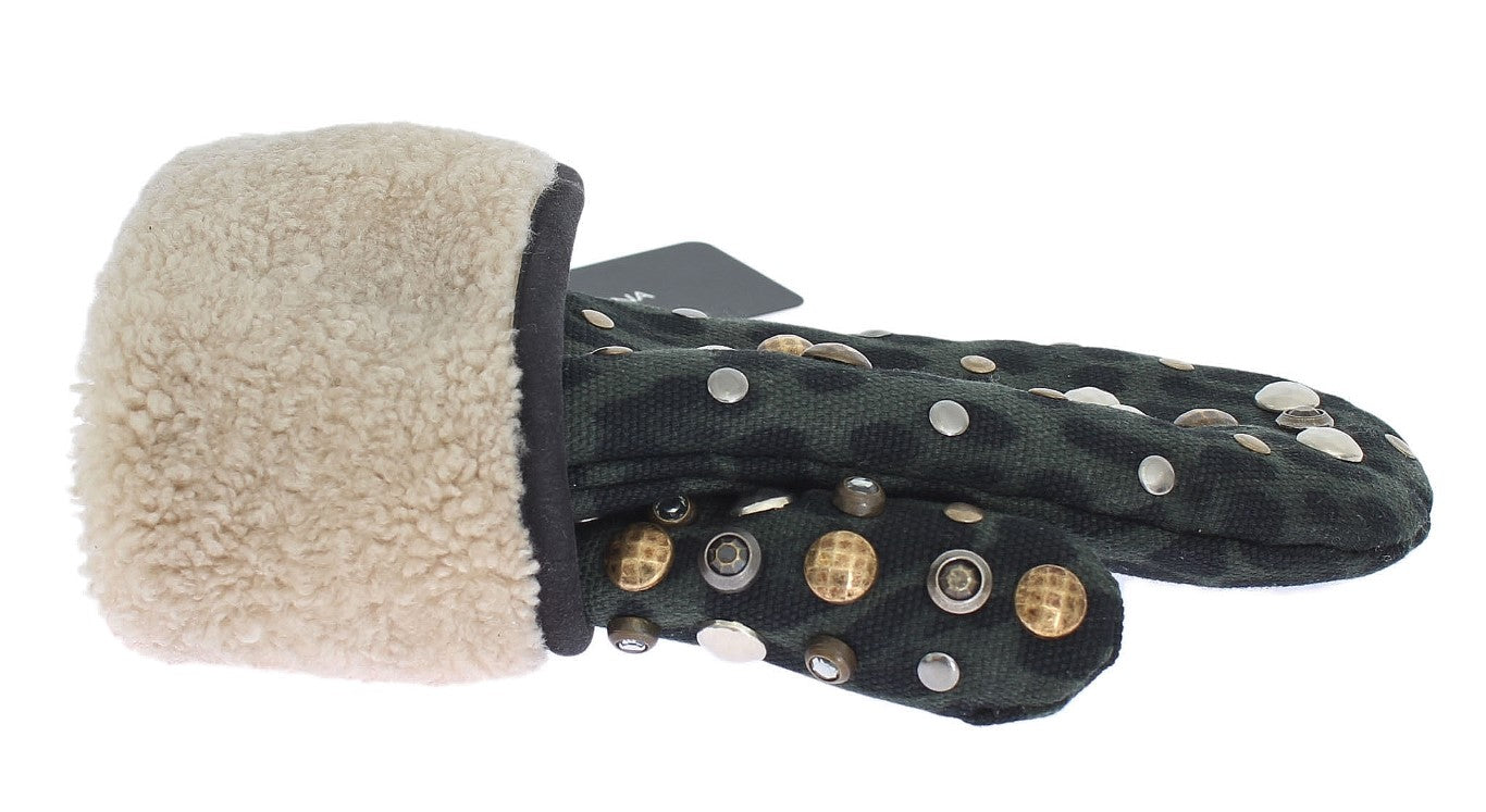 Elegant Studded Gray Wool Shearling Gloves - GlamHub Luxury and Icon Brand Clothing