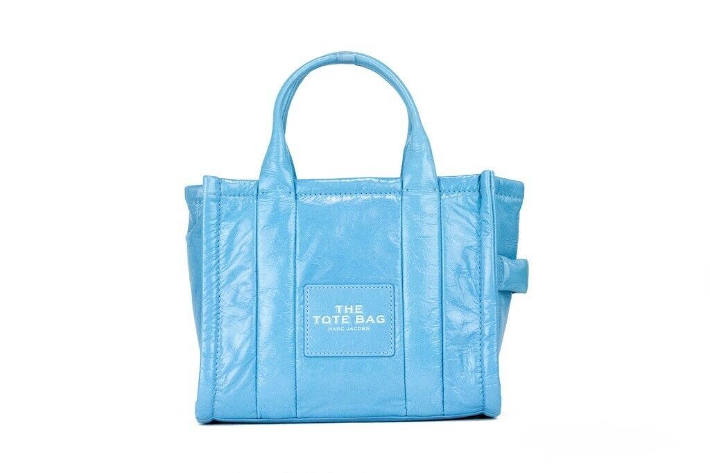 The Shiny Crinkle Mini Tote Air Blue Leather Crossbody Handbag Purse - GLAMHUB BOUTIQUE 