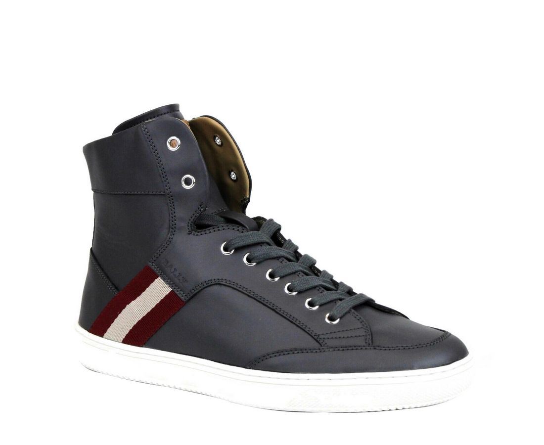 Dark Grey Calf Leather Hi Top Sneaker With Red Beige - GlamHub Luxury and Icon Brand Clothing