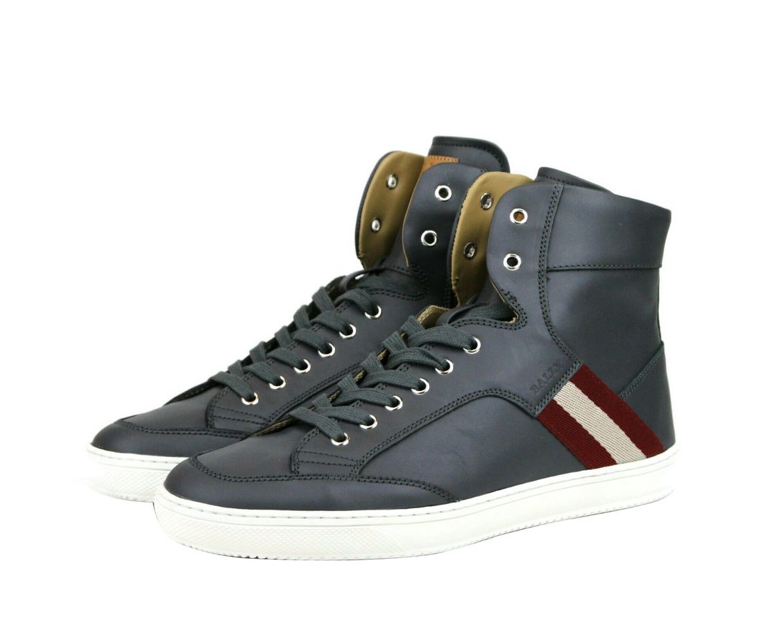 Dark Grey Calf Leather Hi Top Sneaker With Red Beige - GlamHub Luxury and Icon Brand Clothing