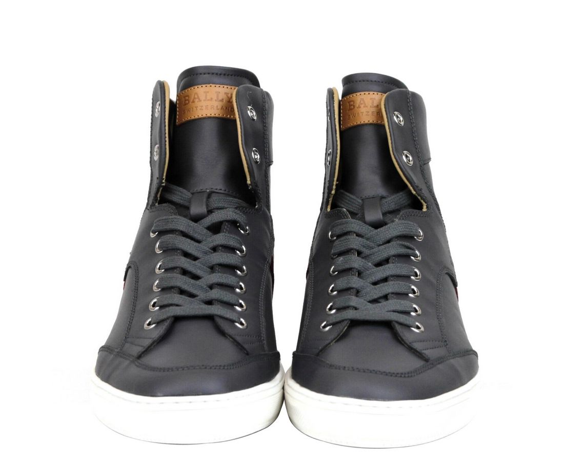 Dark Grey Calf Leather Hi Top Sneaker With Red Beige - GlamHub Luxury and Icon Brand Clothing