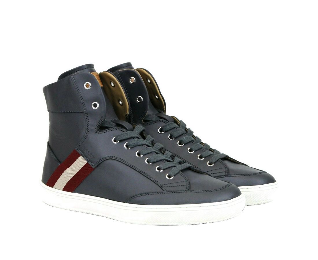 Dark Grey Calf Leather Hi Top Sneaker With Red Beige - GlamHub Luxury and Icon Brand Clothing