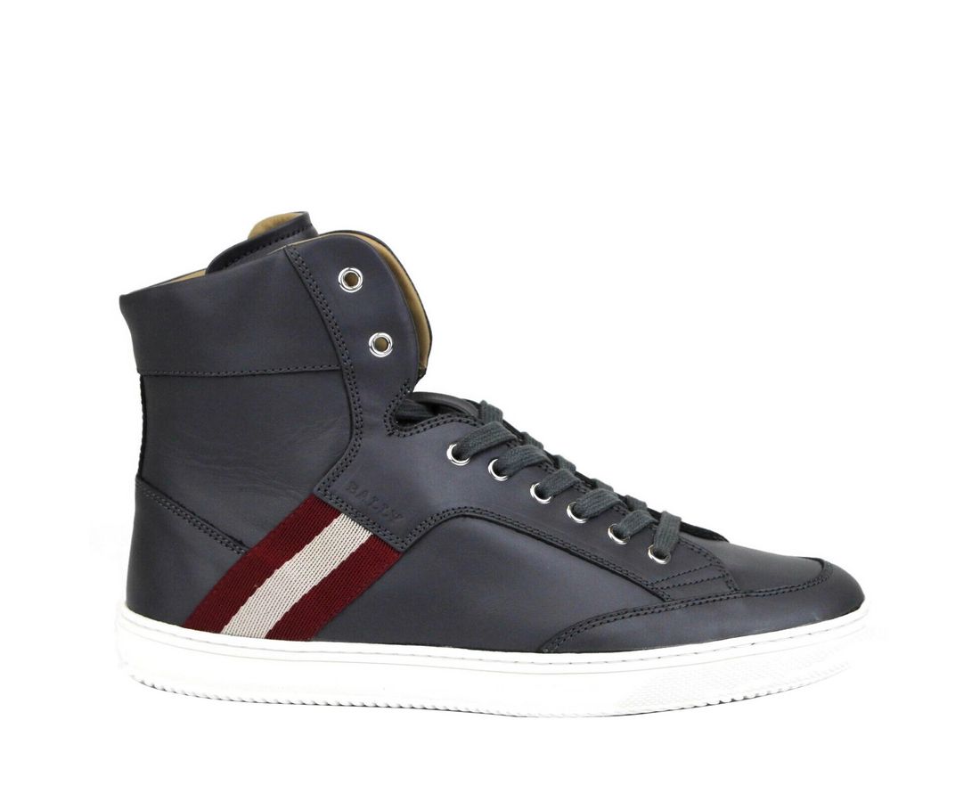 Dark Grey Calf Leather Hi Top Sneaker With Red Beige - GlamHub Luxury and Icon Brand Clothing