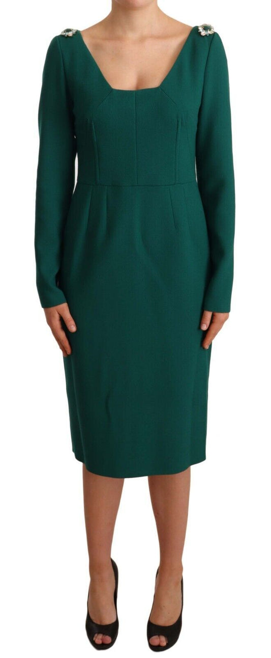 Emerald Green Midi Sheath Dress with Crystal Brooch