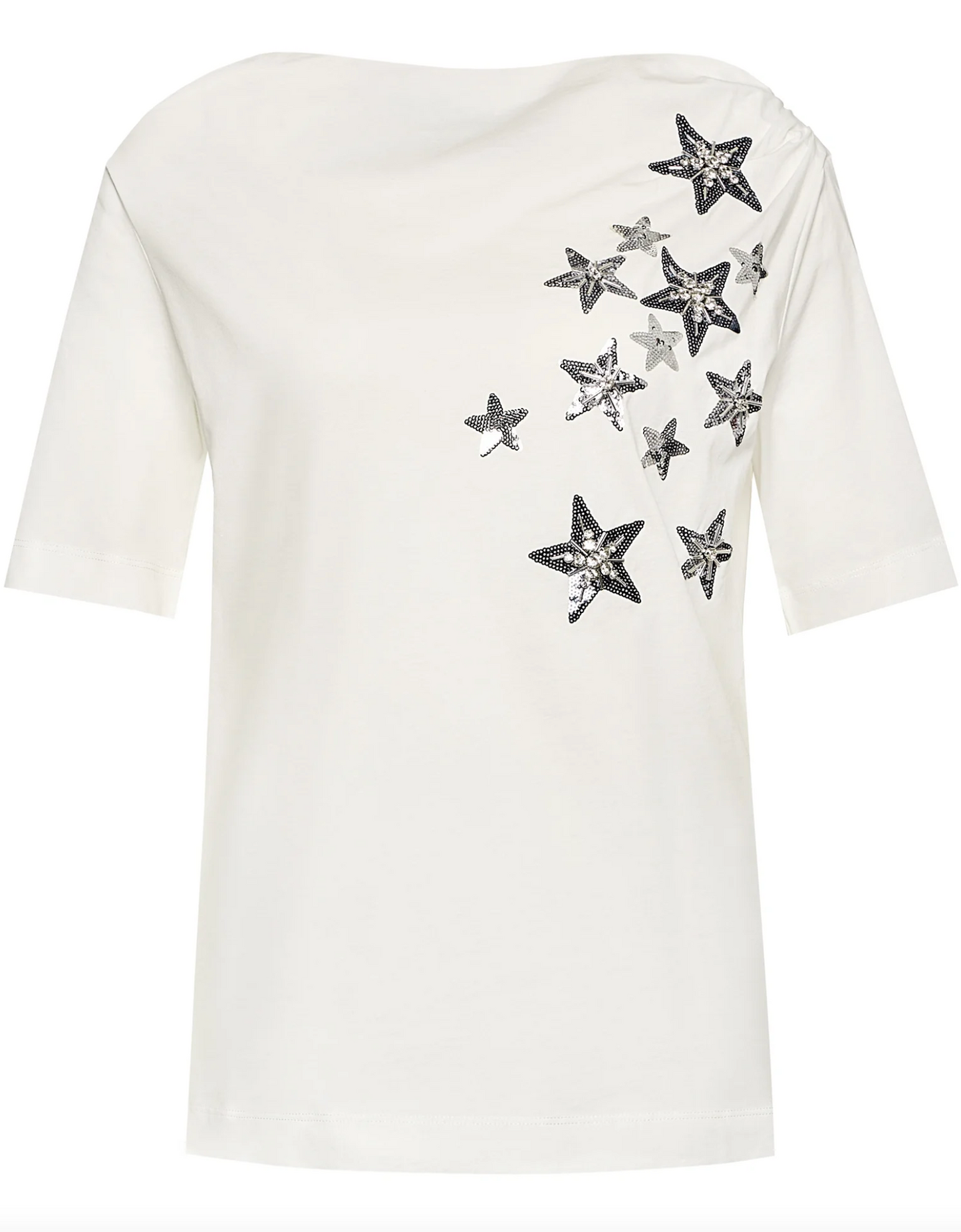 Elegant White Cotton Tee with Rhinestone Accents - GlamHub Luxury and Icon Brand Clothing