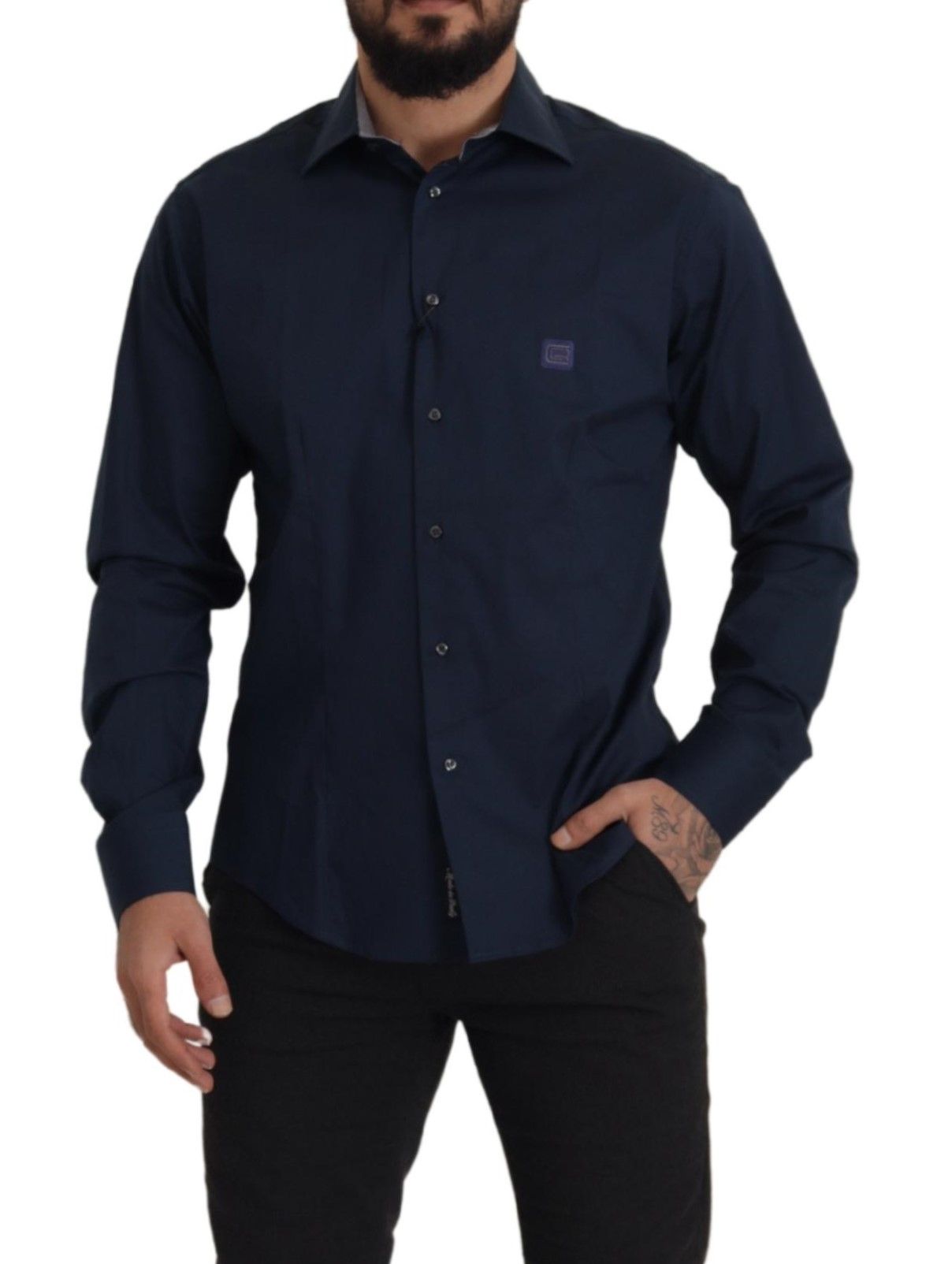 Navy Elegance Cotton Dress Shirt - GLAMHUB BOUTIQUE 