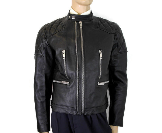 Burberry Men's Black Leather Diamond Quilted Biker Jacket - GLAMHUB BOUTIQUE 